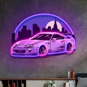 لوحة نيون سيارة سباق مع أفق مدينة