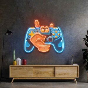 لوحة نيون قبضة يد مع يد تحكم ألعاب