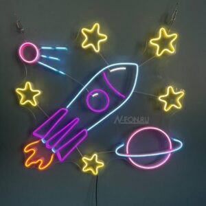 لافتة نيون صاروخ بالفضاء