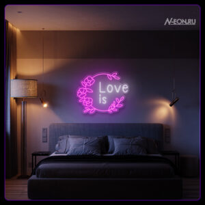 يافطة نيون Love is وية ورد