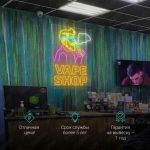 لافتة نيون رجال يدخن فيب وكتابة VAPE SHOP